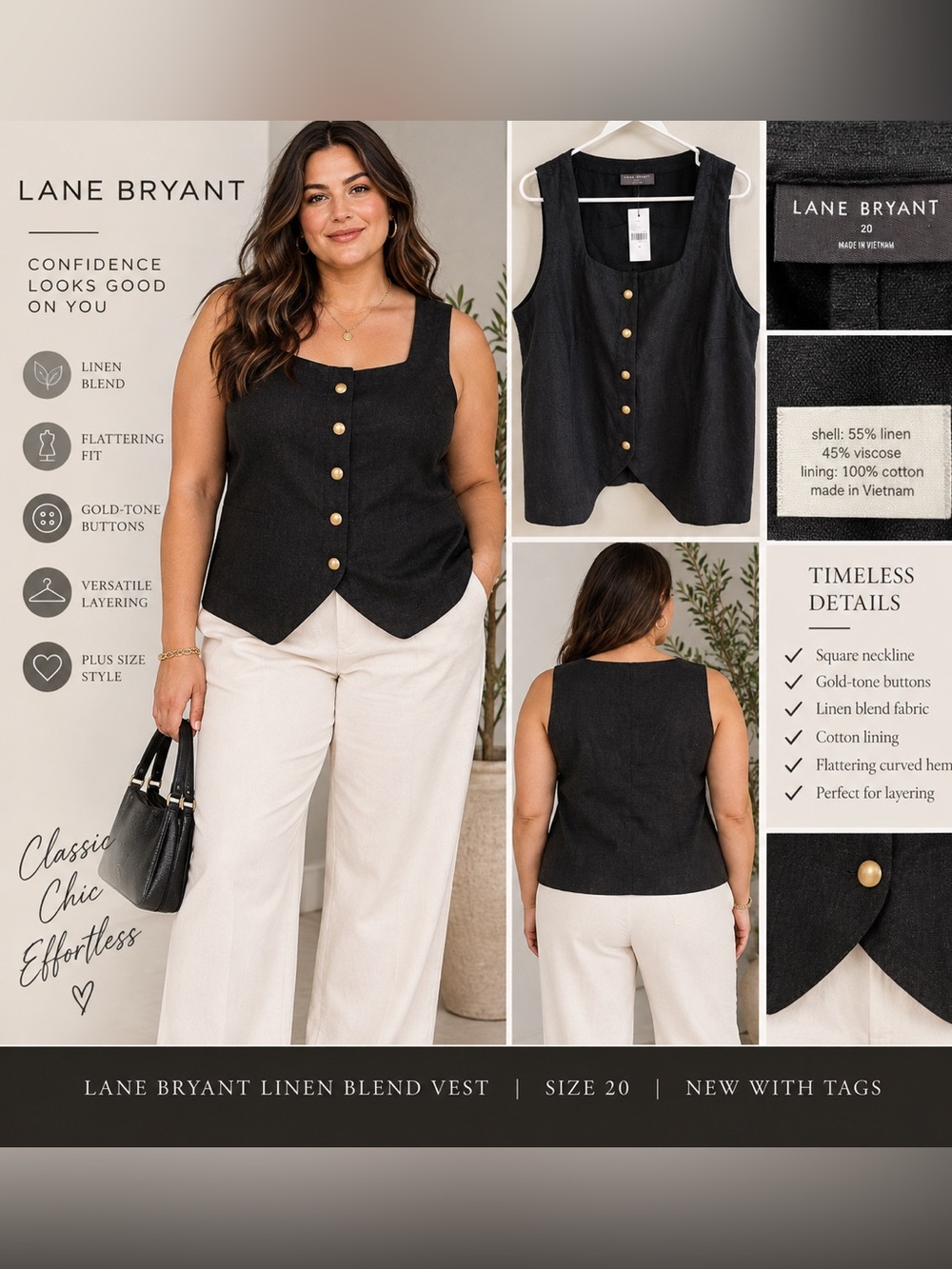 Lane Bryant Black Linen-Blend Sleeveless Vest with Gold Buttons
